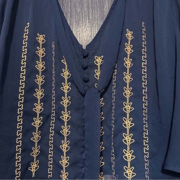 Band of Gypsies Blue Sheer Gold Tie Neck Long Slv Peasant Top Boho size L - Picture 2 of 5